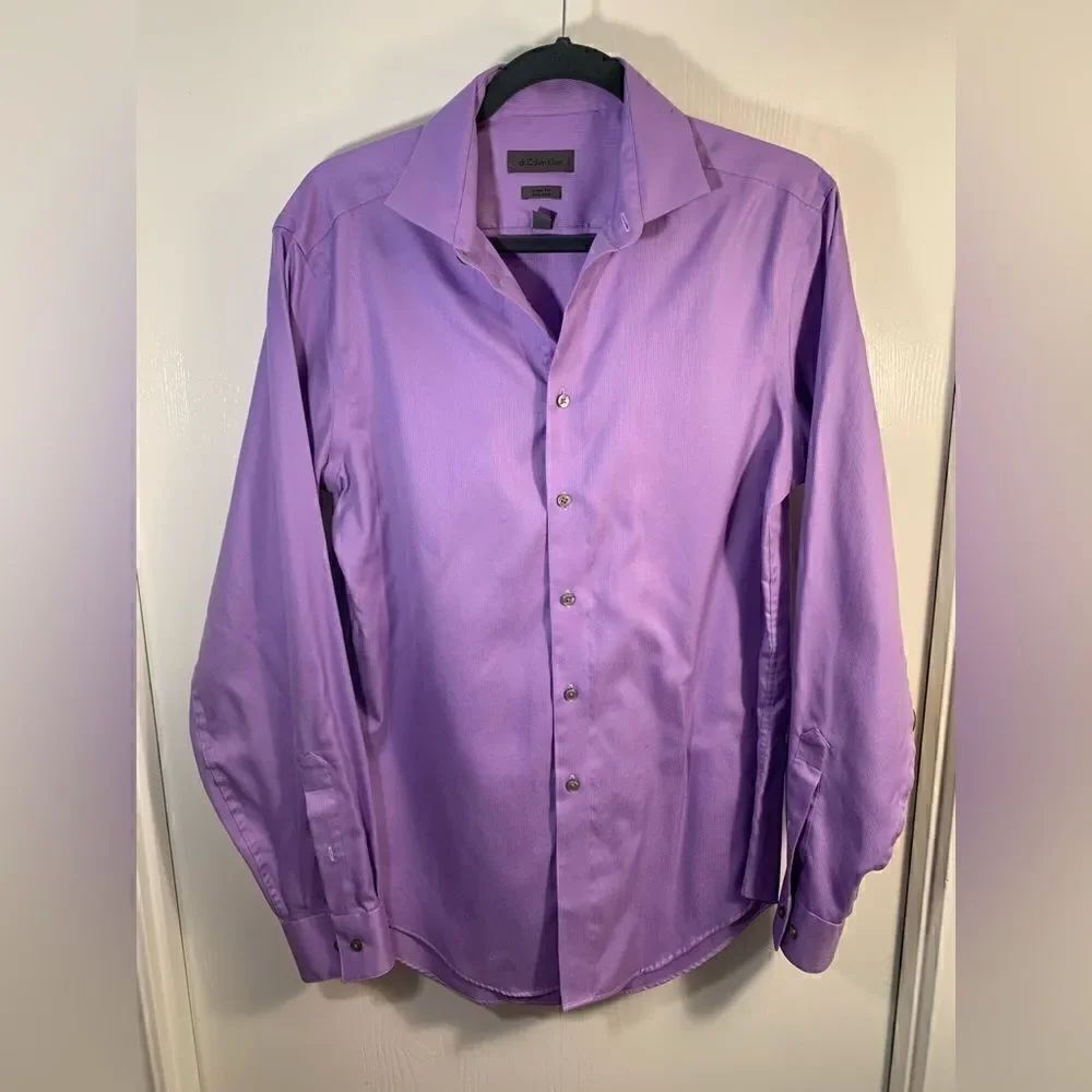 Calvin Klein EUC purple slim fit non iron 80’s two ply dress shirt Neck 15.25
